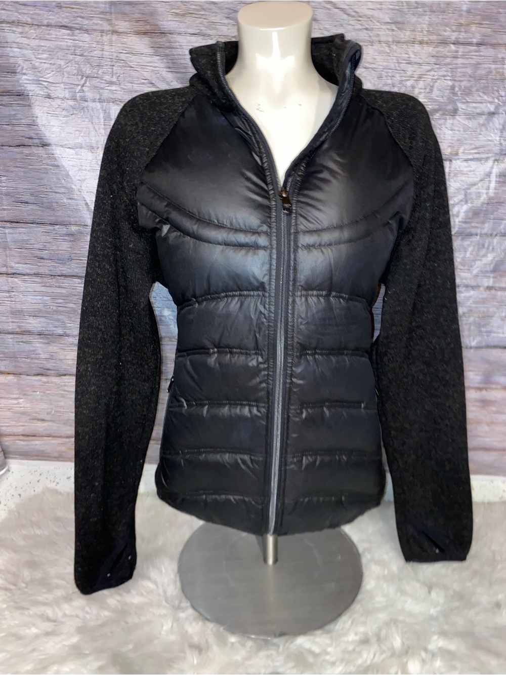 London Fog Black Quilted Puffer Jacket with Knit Sleeves